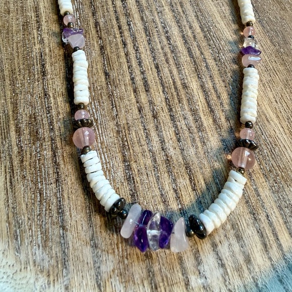 Jewelry - Beaded Necklace with Purple, Light pink and Cream Accents